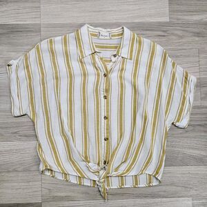 Altar'd State Womens Shirt Yellow Stripe Small Cotton Blend Knotted Button Up